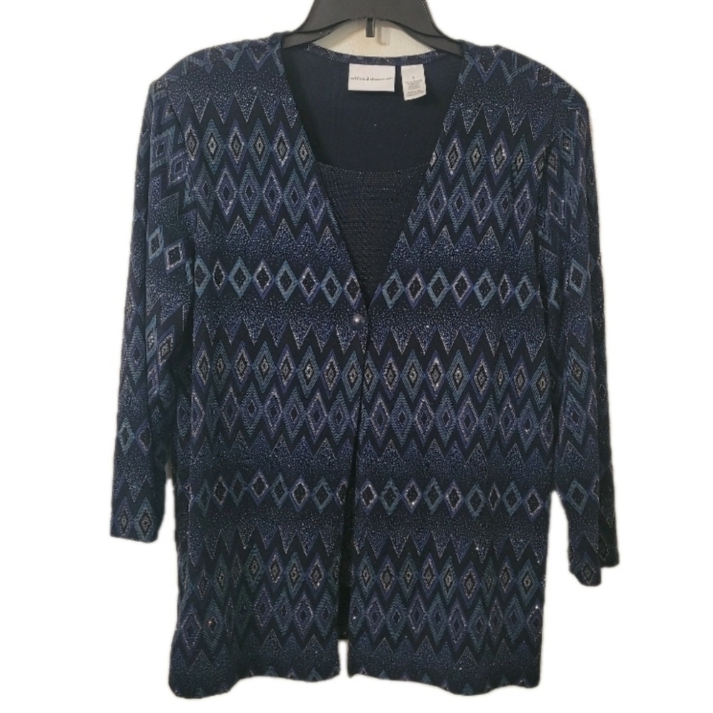 Alfred Dunner Blue Metallic Glittery Blouse Zigzag Pattern